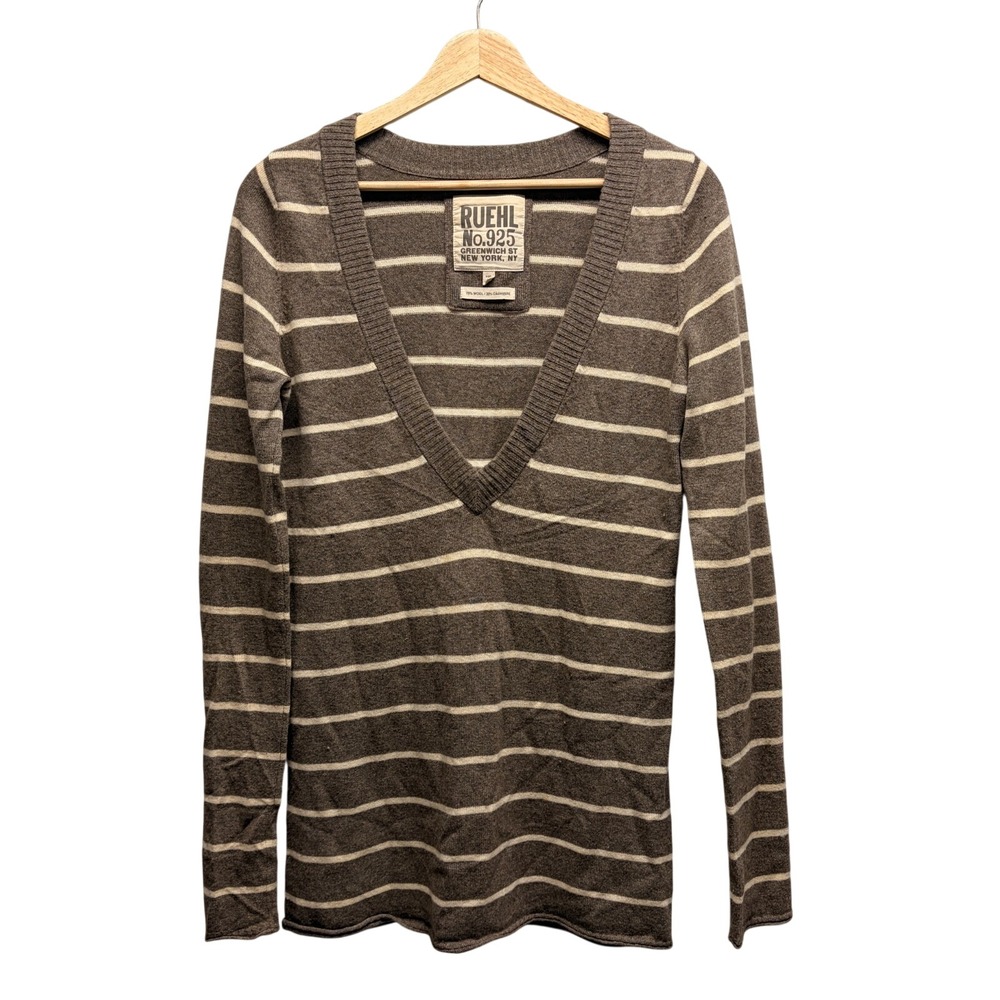 Ruehl No 925 Womens Cashmere Sweater L Vintage V-Neck Striped Long Academia Y2K